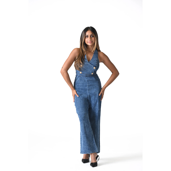RETRO DENIM HALTER JUMPSUIT