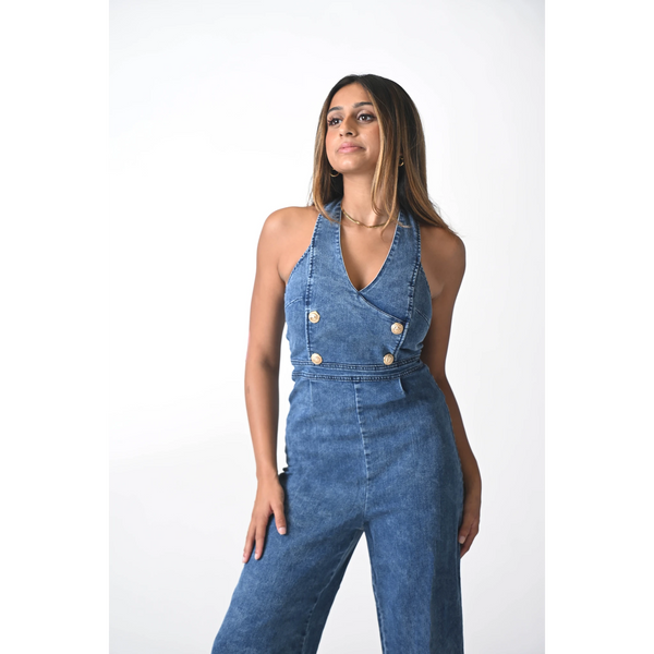 RETRO DENIM HALTER JUMPSUIT